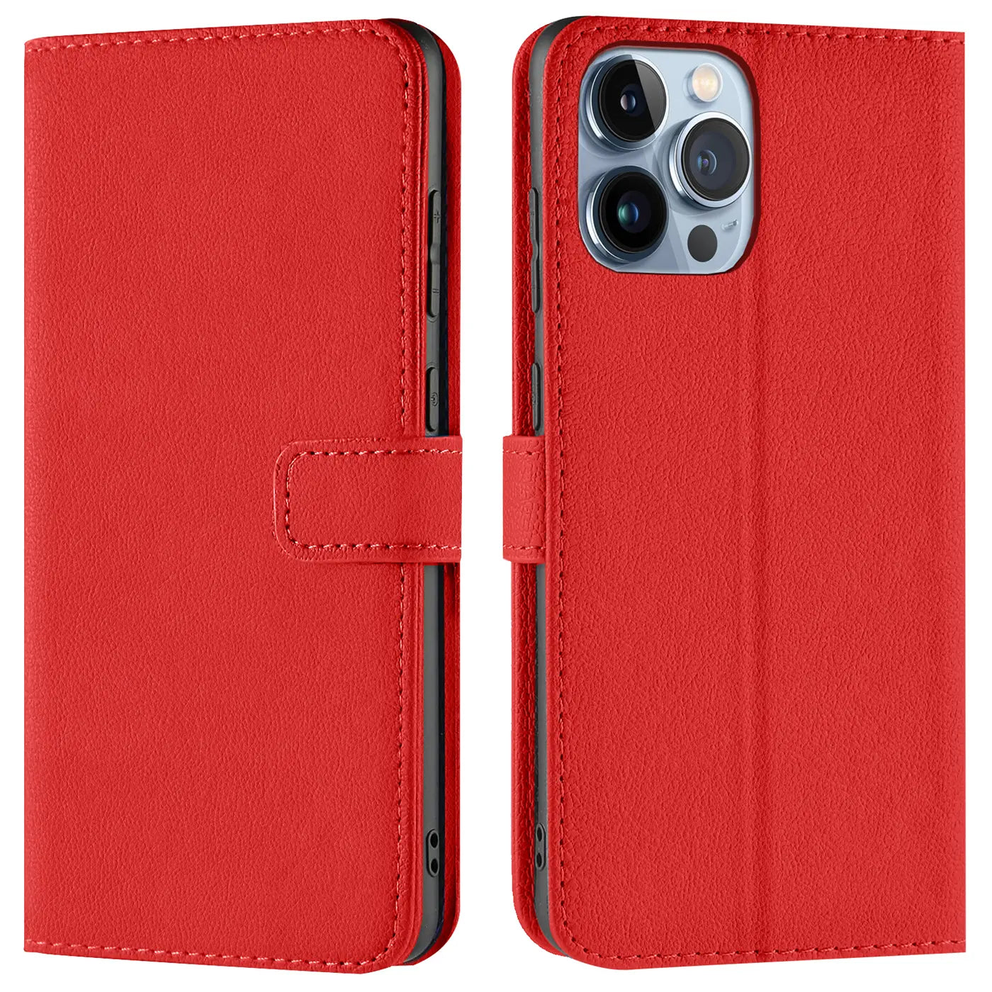 Rote Kunstleder-Klapphülle für iPhone 14 Pro Max, Vorder- und Rückansicht.