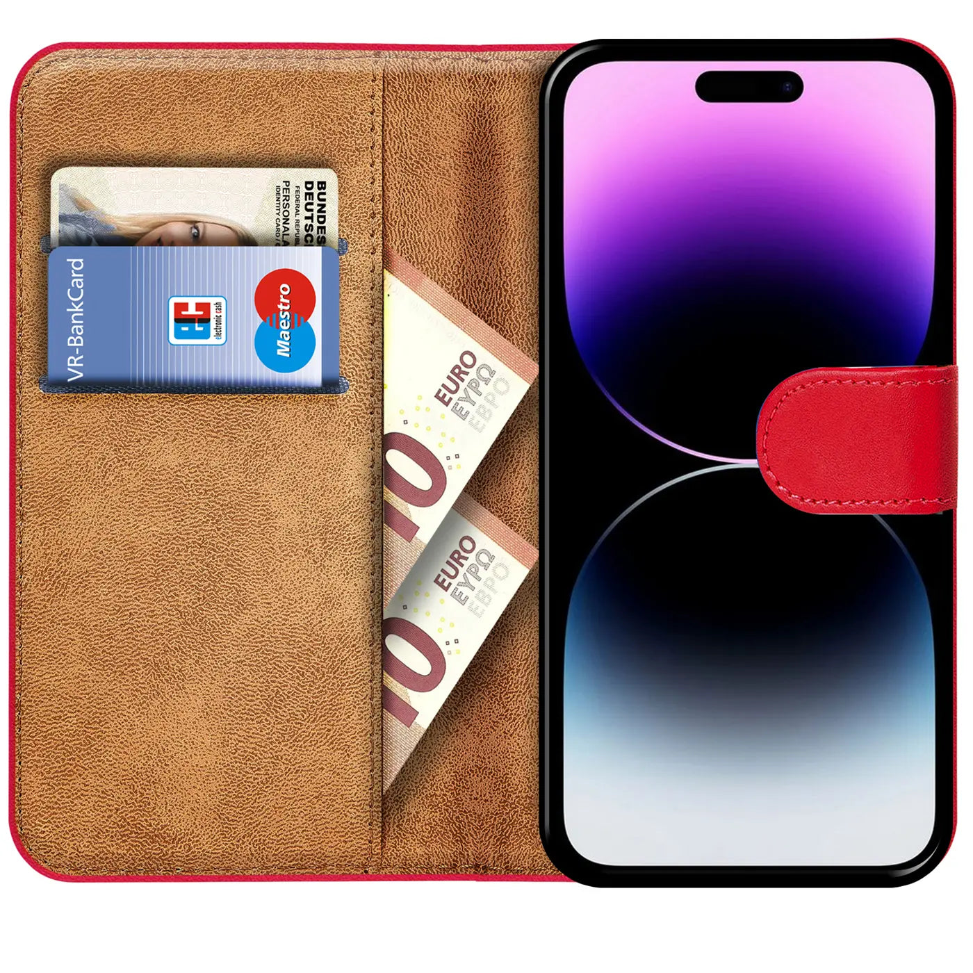 Rote Klapphülle aus Leder mit Kartenfächern und Geldscheinen, zeigt iPhone 14 Pro Max.