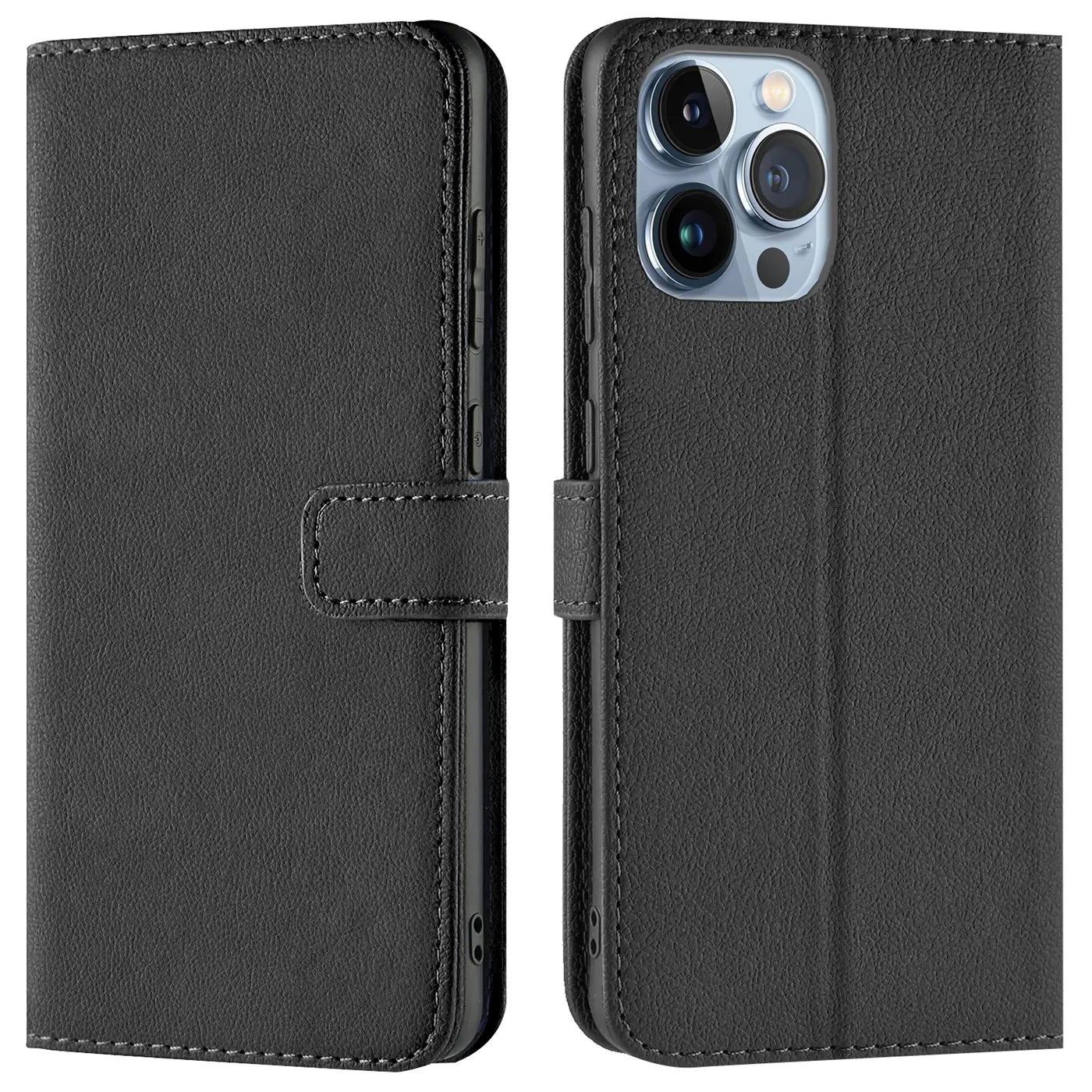 Schwarze Leder-Klapphülle für iPhone 14 Pro Max, von vorne und von hinten gezeigt.