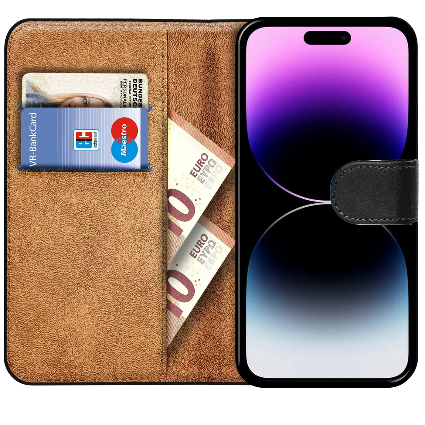 Braune Leder-Klapphülle mit Kartenfach, zeigt iPhone 14 Pro Max, von vorne
