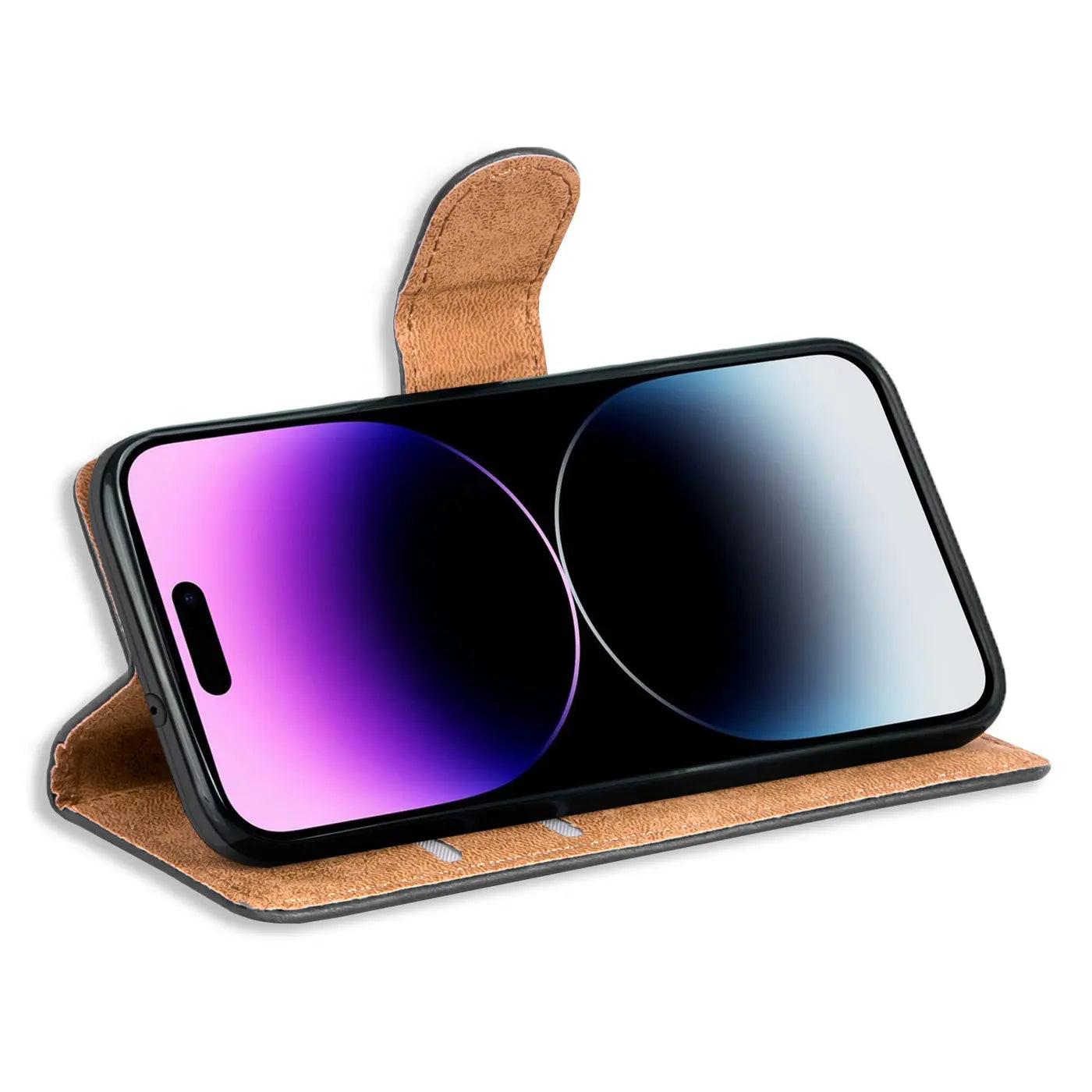 Braune Leder-Klapphülle mit iPhone 14 Pro Max, von vorne, leicht schräg