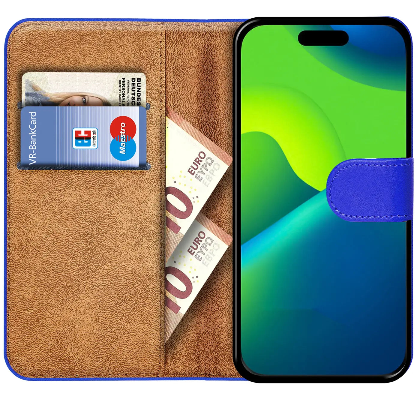 Blaue Klapphülle aus Kunstleder mit Kartenfächern, zeigt iPhone 15, Geld, Karten.