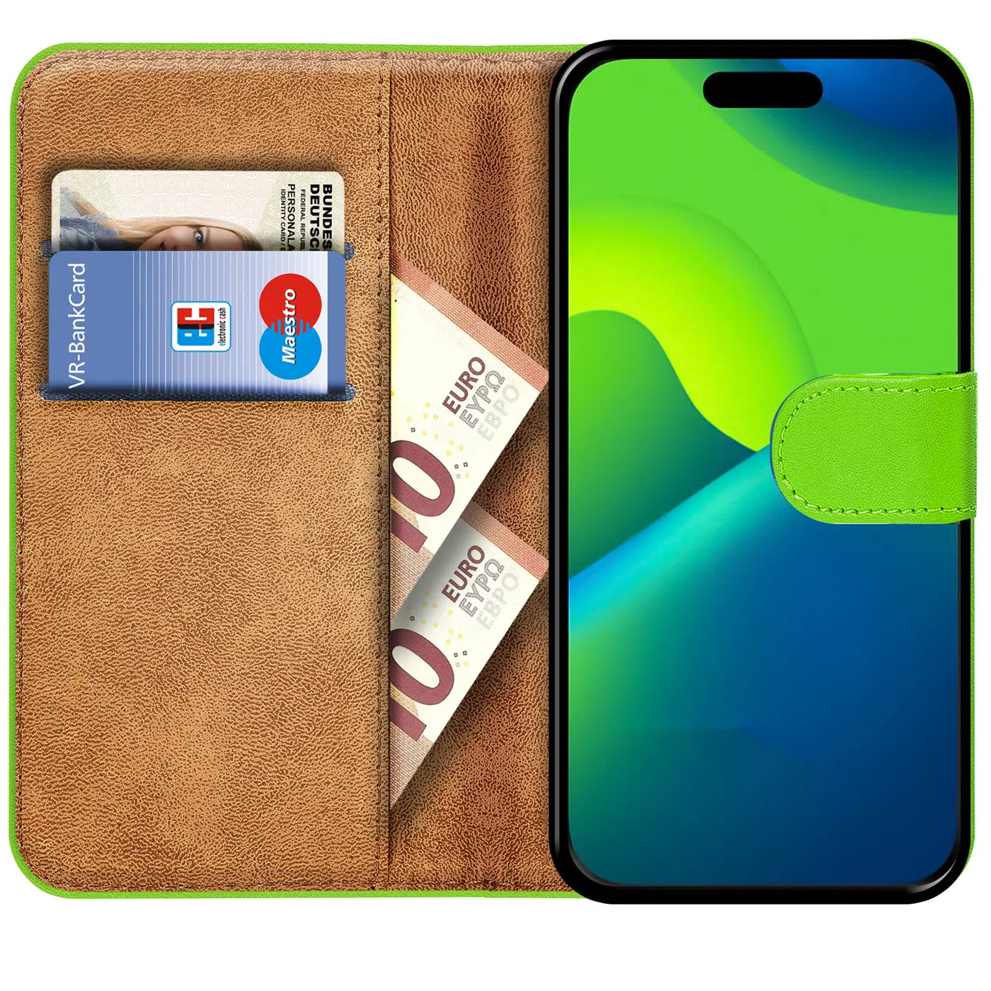 Grüne Klapphülle aus Leder mit Kartenfächern, zeigt iPhone 15, von vorne
