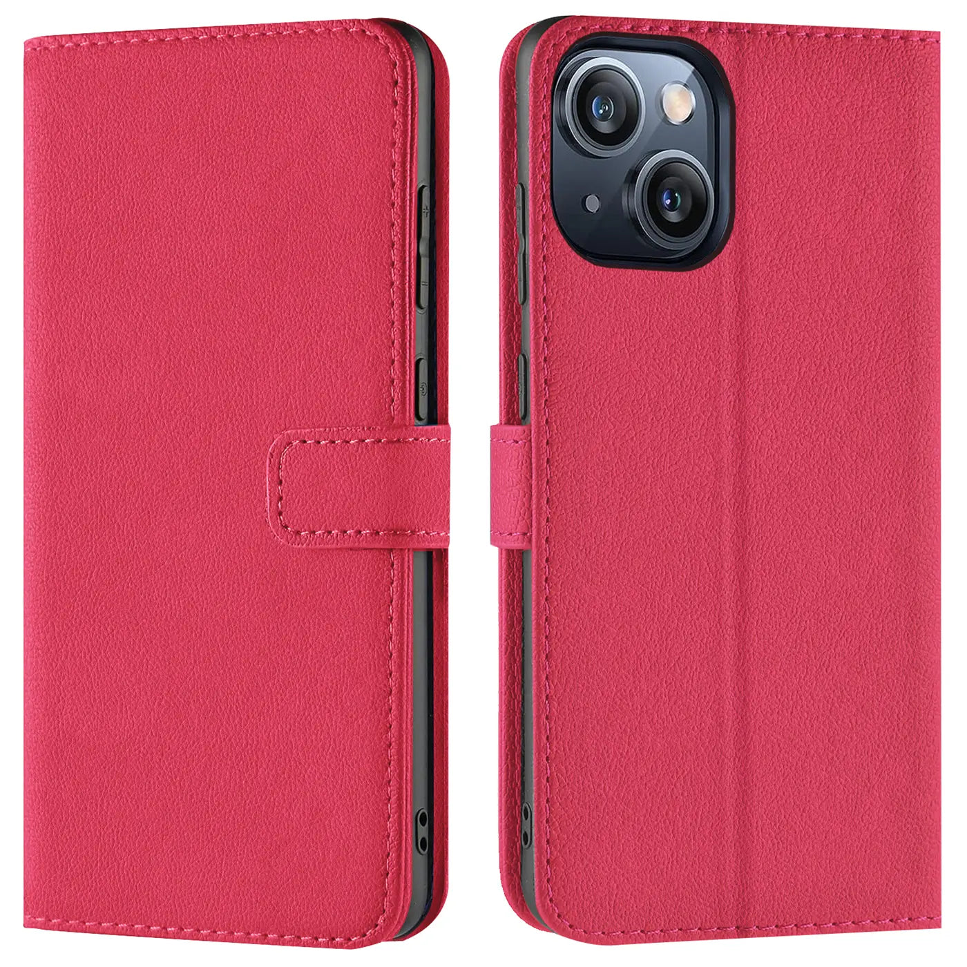Rote Kunstleder-Klapphülle mit Kartenfächern, zeigt iPhone 15 Rückseite und Vorderseite.