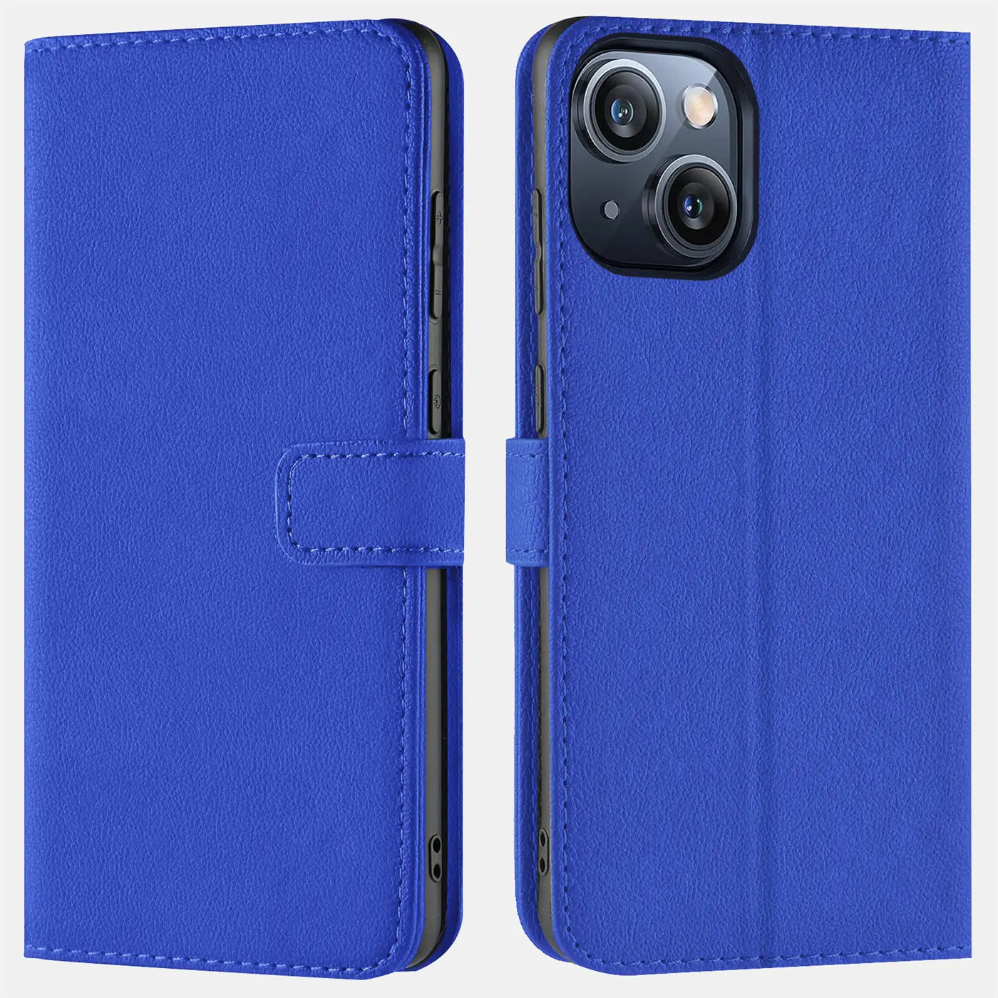 Blaue Kunstleder-Klapphülle mit Kartenfächern, Vorder- und Rückansicht, iPhone 15 Plus.
