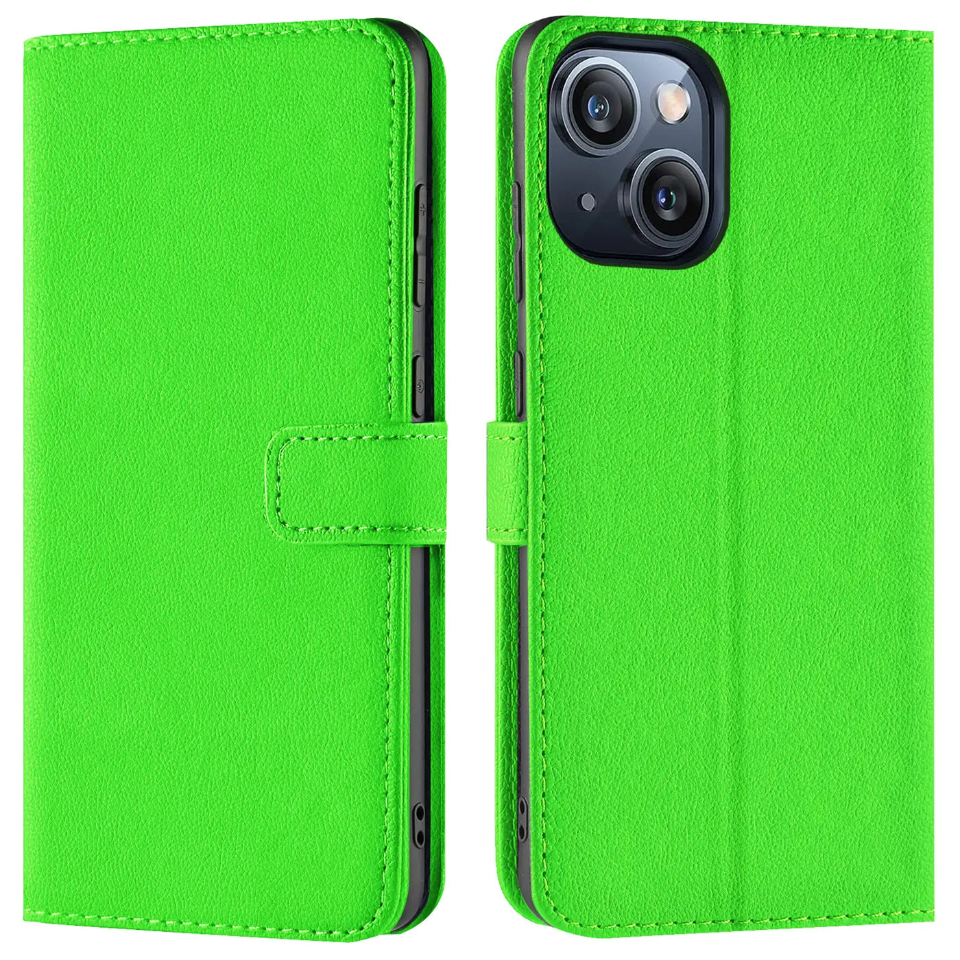 Grüne Kunstleder-Klapphülle mit Kartenfächern, Vorder- und Rückansicht, iPhone 15 Plus.