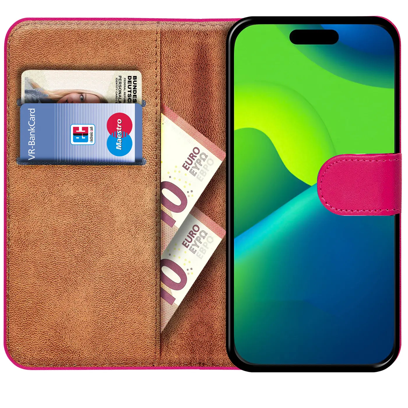 Pink Klapphülle aus Lederimitat mit Kartenfächern und Geldscheinfach, zeigt iPhone 15 Plus.