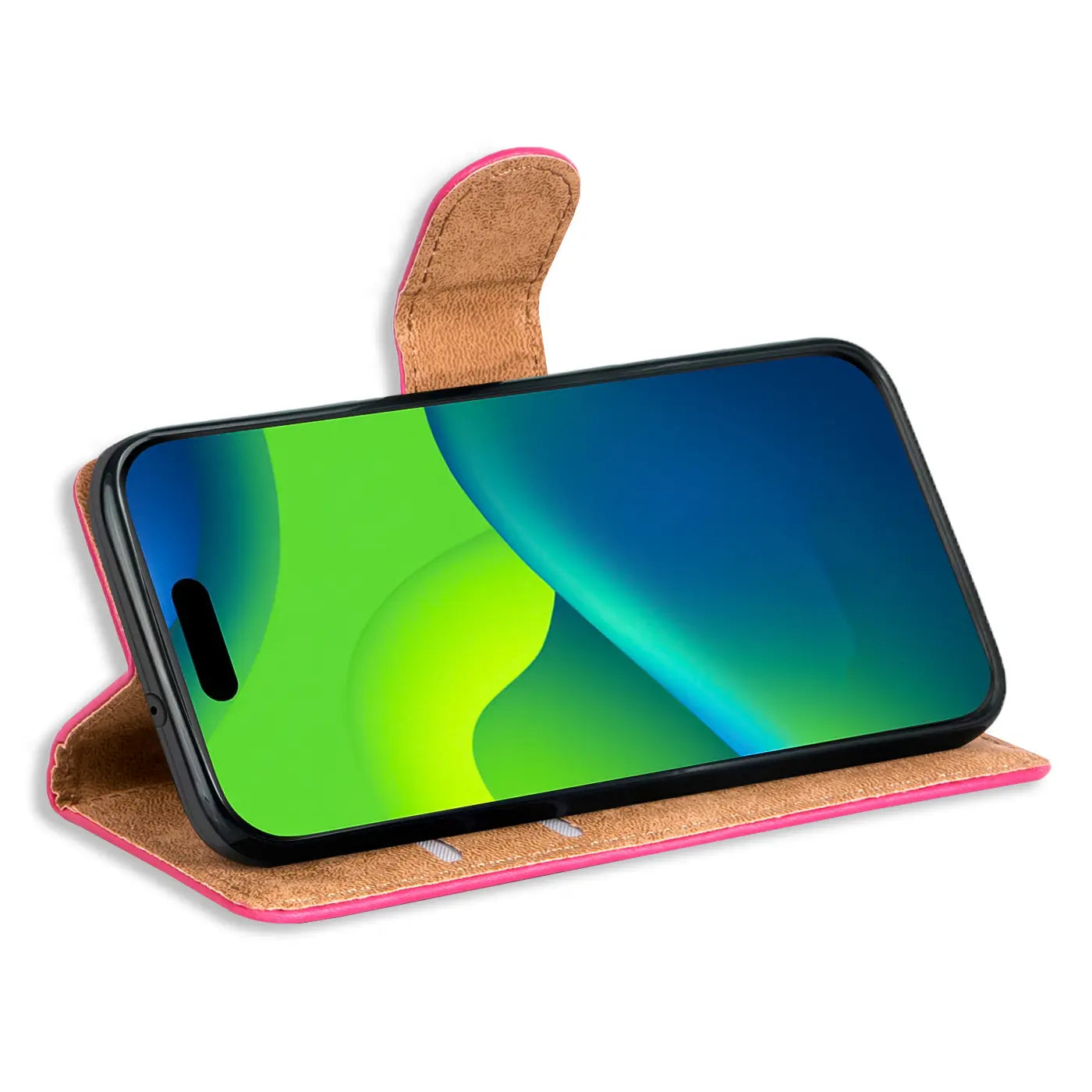 Pink Kunstleder-Klapphülle mit braunem Innenfutter, seitliche Ansicht, zeigt iPhone 15 Plus.