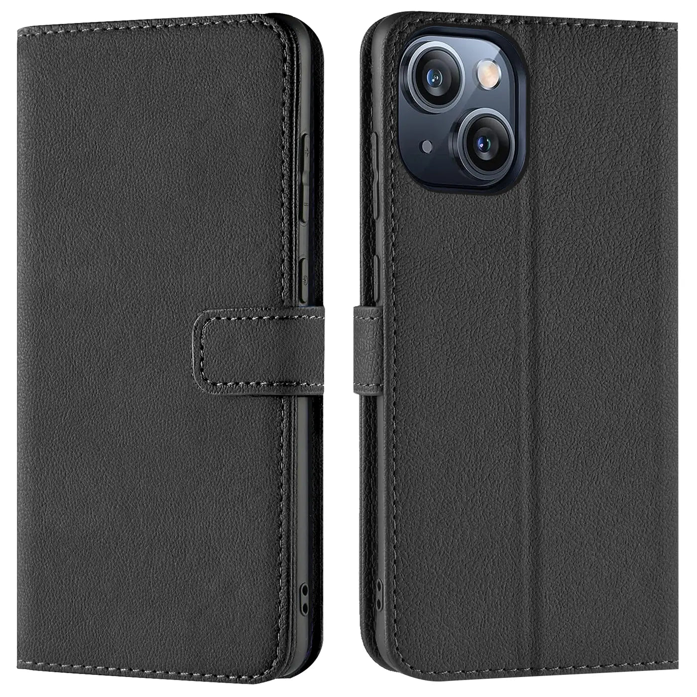 Schwarze Leder-Klapphülle mit Kartenfach, Vorder- und Rückansicht, zeigt iPhone 15 Plus