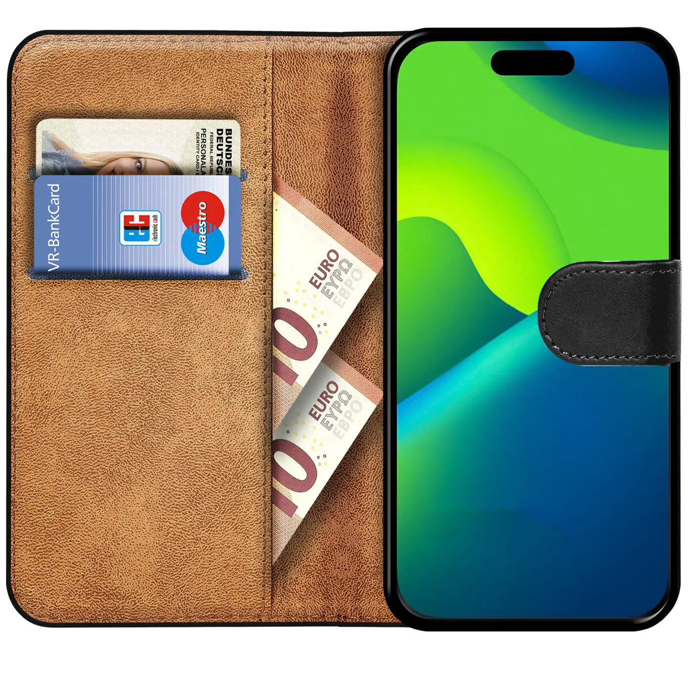 Braune Kunstleder-Klapphülle mit Kartenfächern und iPhone 15 Plus.