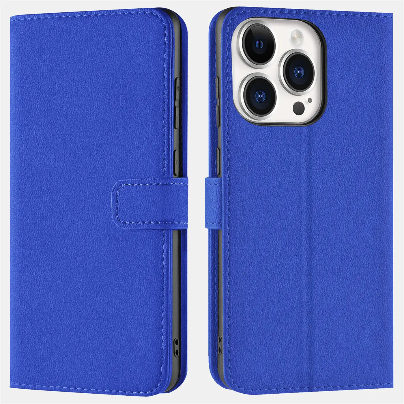 Blaue Kunstleder-Klapphülle mit Kartenfächern, Vorder- und Rückansicht, für iPhone 15 Pro