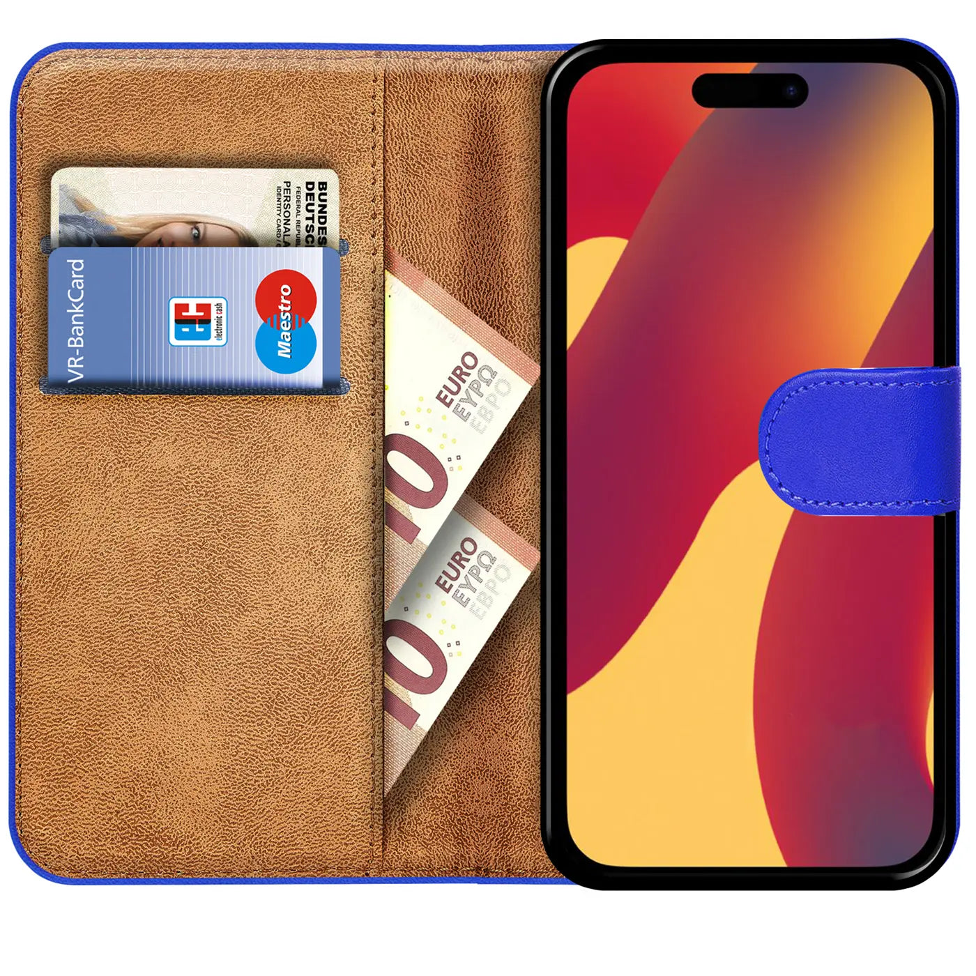 Blaue Klapphülle aus Lederimitat mit Kartenfächern und Geldscheinfach, zeigt iPhone 15 Pro Max.