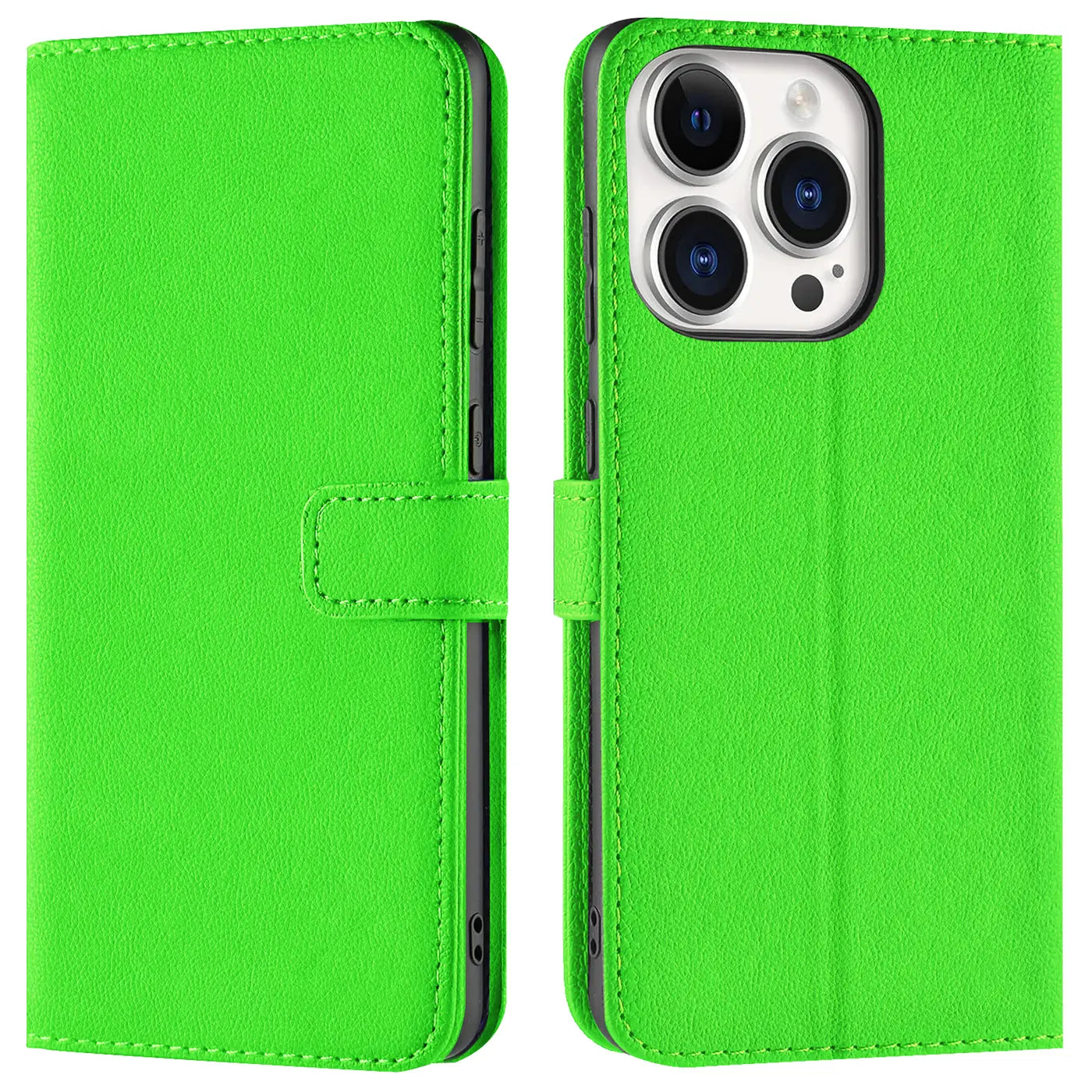 Grüne Kunstleder-Klapphülle mit Kartenfächern, Vorder- und Rückansicht, für iPhone 15 Pro Max.