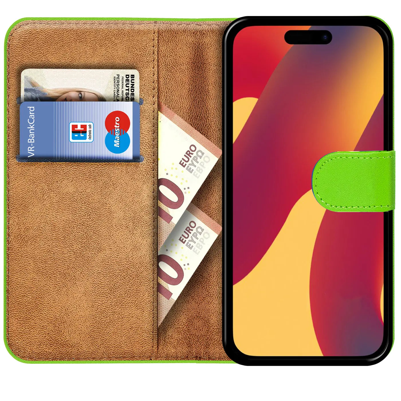 Grüne Klapphülle aus Kunstleder mit Kartenfächern und Geldscheinfach, zeigt iPhone 15 Pro Max.