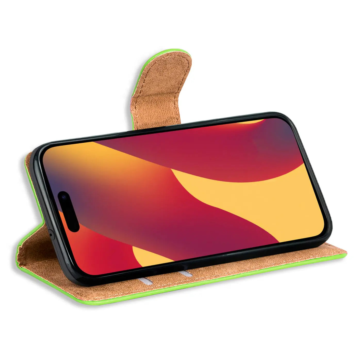 Grüne Klapphülle aus Leder mit Kartenfächern, iPhone 15 Pro Max, Seitenansicht.