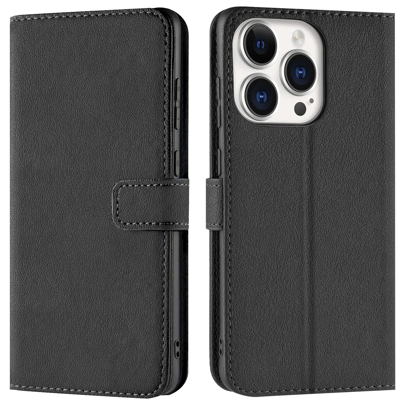 Schwarze Leder-Klapphülle mit Kartenfächern, Vorder- und Rückansicht, zeigt iPhone 15 Pro Max