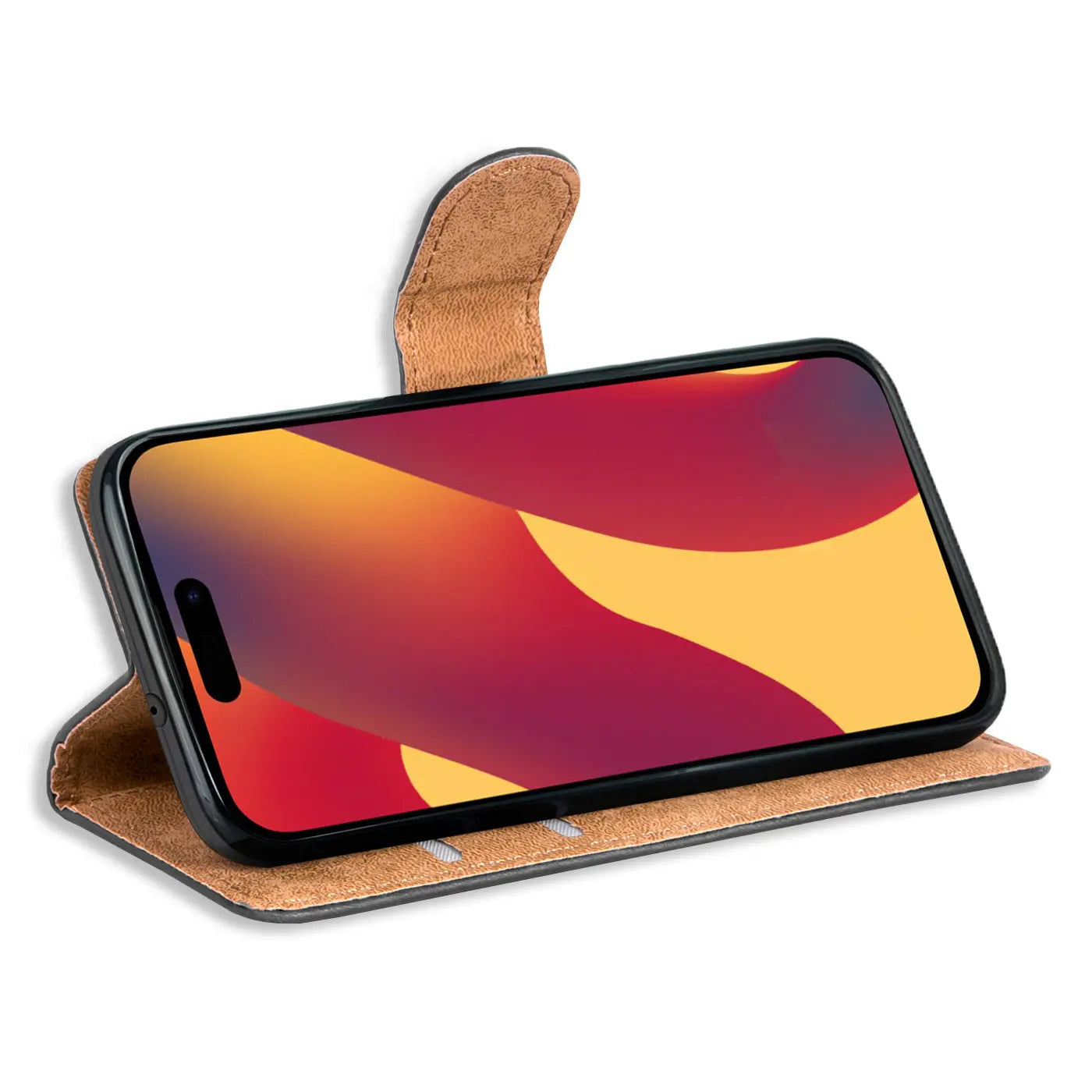 Braune Leder-Klapphülle mit Kartenfächern für iPhone 15 Pro Max, Seitenansicht.
