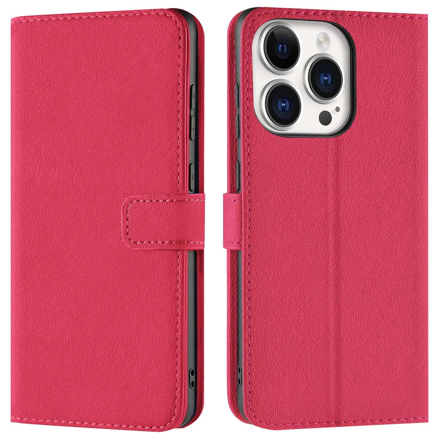 Rote Leder-Klapphülle mit Kartenfächern, Vorder- und Rückansicht, für iPhone 15 Pro.
