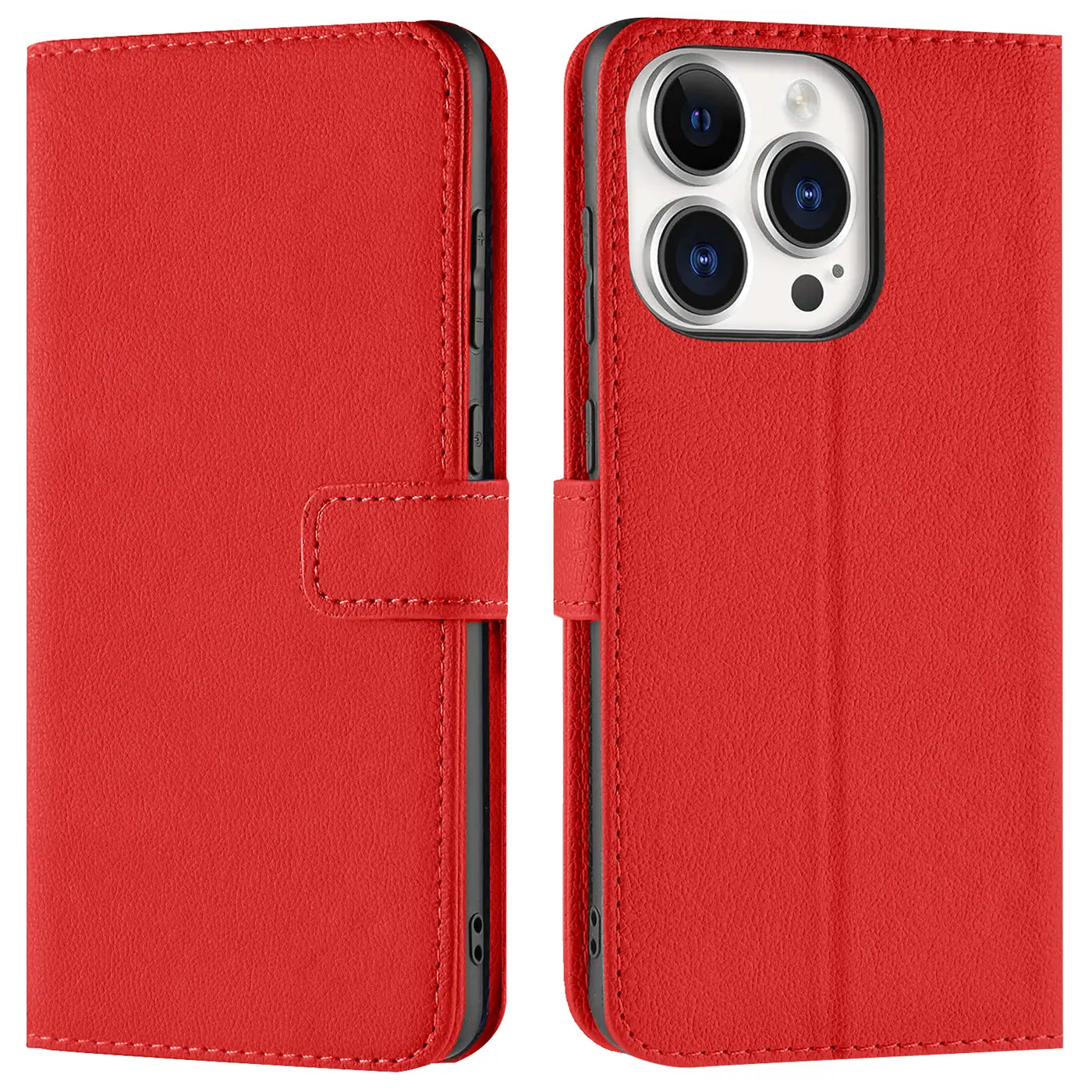 Rote Leder-Klapphülle mit Kartenfächern, Vorder- und Rückansicht, iPhone 15 Pro.