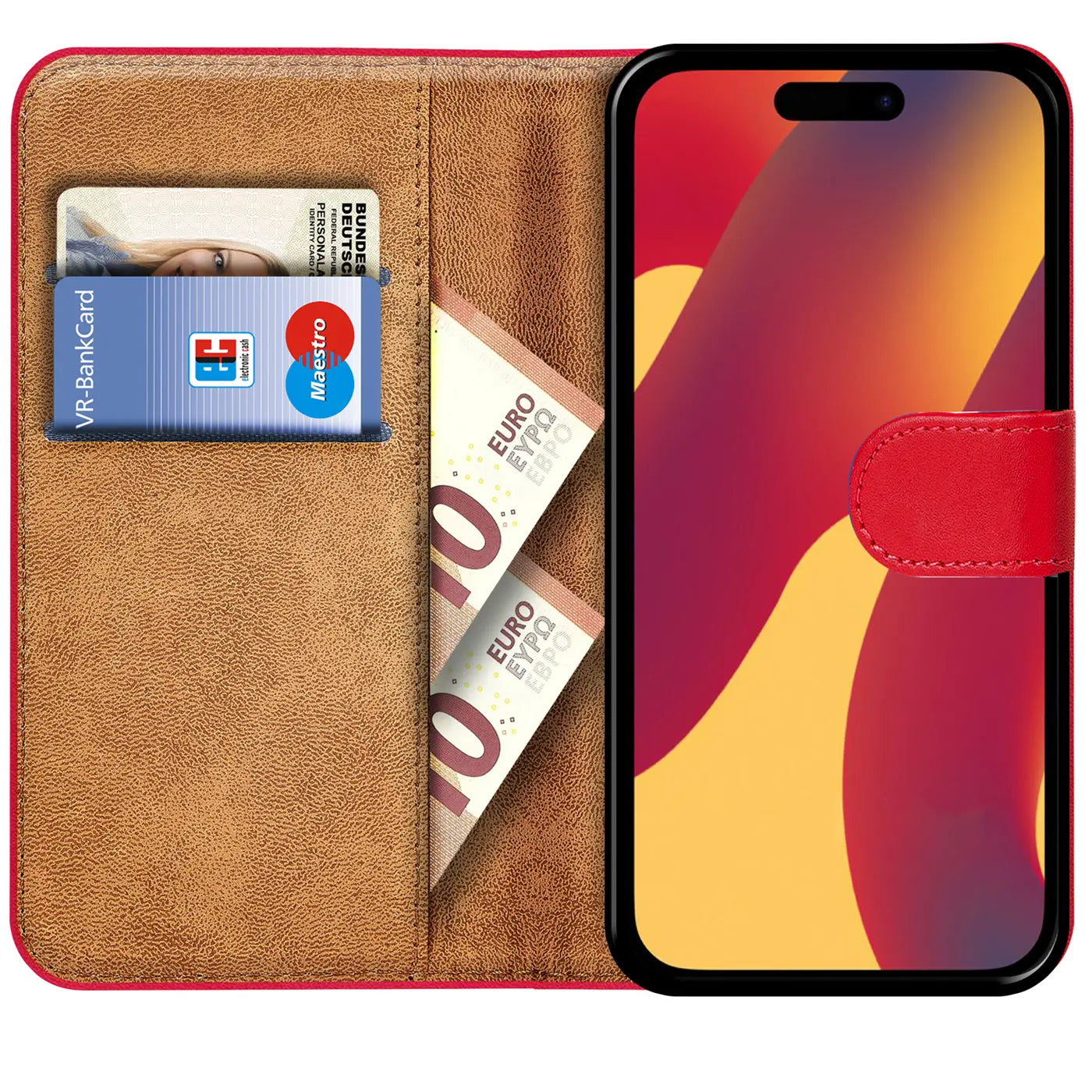 Rote Klapphülle aus Leder mit Kartenfächern, zeigt iPhone 15 Pro, Geld, Bankkarte.