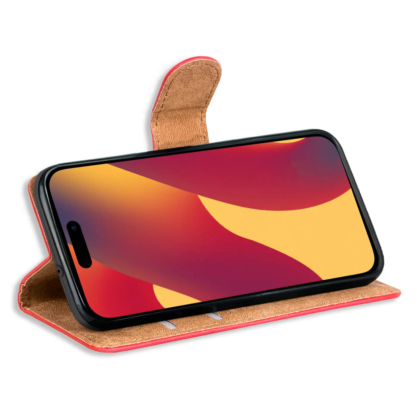Rote Klapphülle aus Leder mit Kartenfächern, iPhone 15 Pro, Seitenansicht