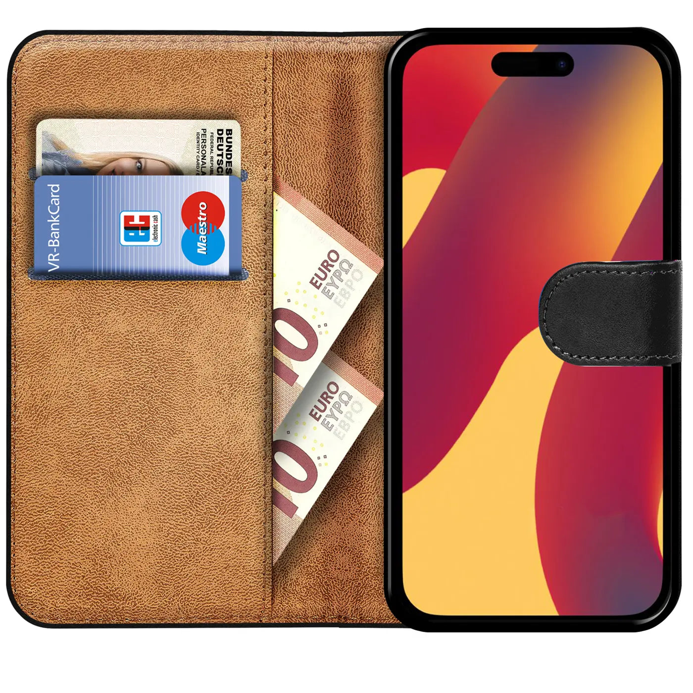 Braune Kunstleder-Klapphülle mit Kartenfächern und Geldscheinfach, zeigt iPhone 15 Pro.