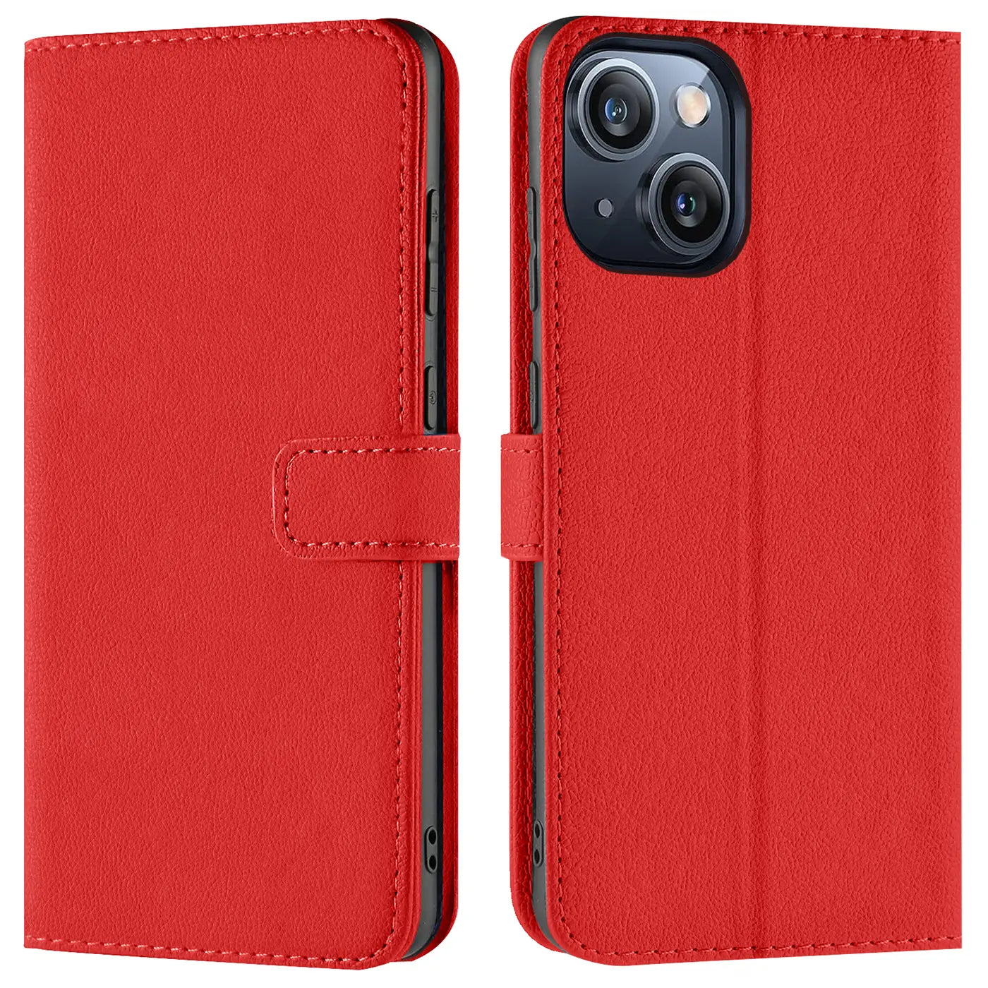 Rote Leder-Klapphülle mit Kartenfächern, zeigt iPhone 15 von vorne und hinten.