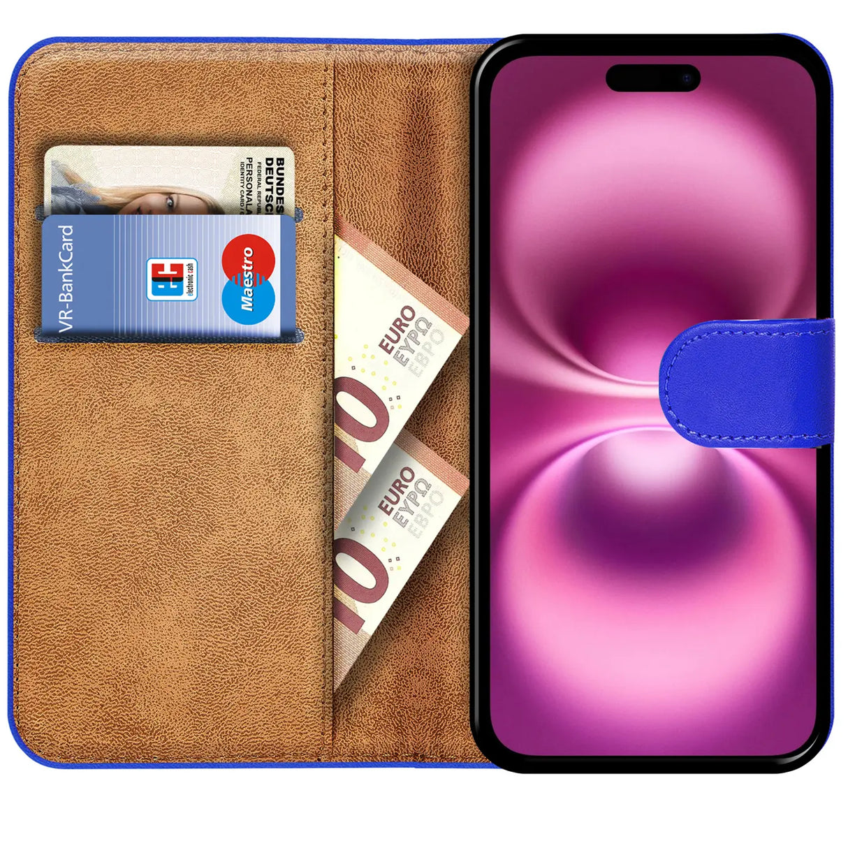 iPhone 16 Klapphülle in Blau mit Kartenfächern und Schutz