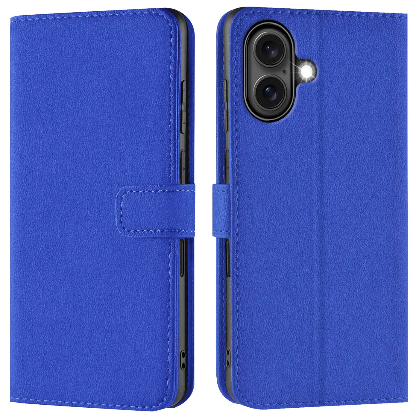 Blaue Kunstleder-Klapphülle mit Kartenfächern, Vorder- und Rückansicht, zeigt iPhone 16 Plus