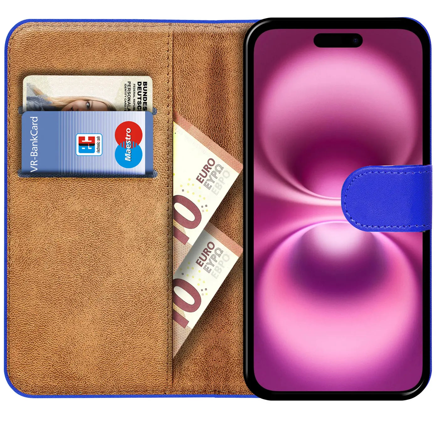 Braune Leder-Klapphülle mit blauen Akzenten, zeigt Karten und Geldscheine, iPhone 16 Plus.