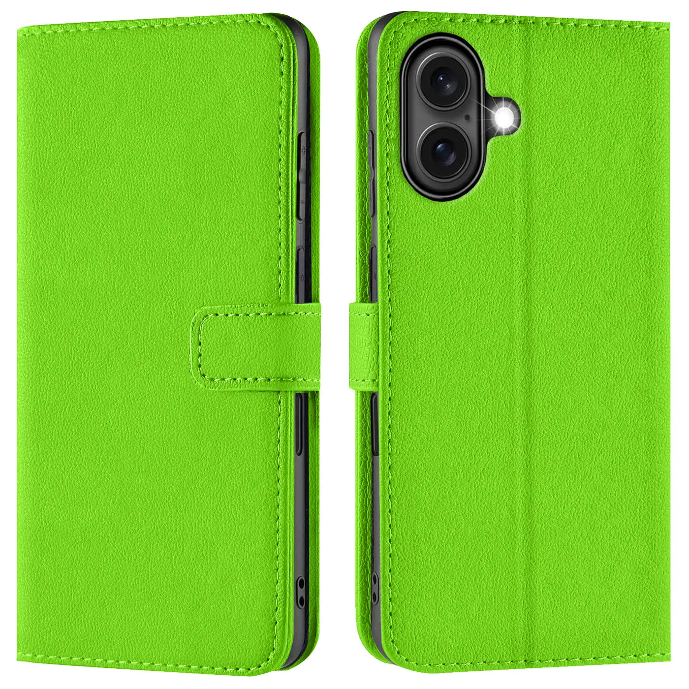 Grüne Kunstleder-Klapphülle mit Kartenfächern, Vorder- und Rückansicht, iPhone 16 Plus.