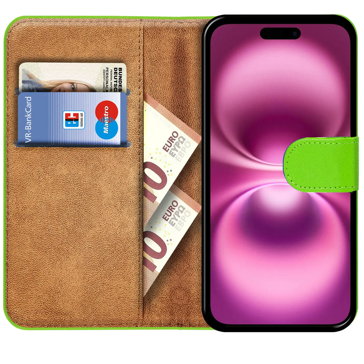 iPhone 16 Plus Klapphülle in Grün mit Kartenfächern und Schutz