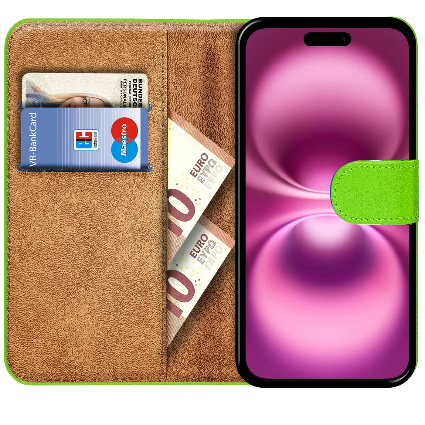 Grüne Klapphülle aus Leder mit Kartenfächern, zeigt iPhone 16 Plus, Vorderansicht.