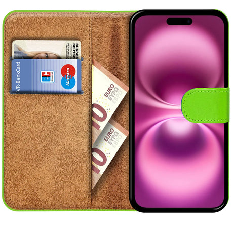 iPhone 16 Plus Klapphülle in Grün mit Kartenfächern und Schutz