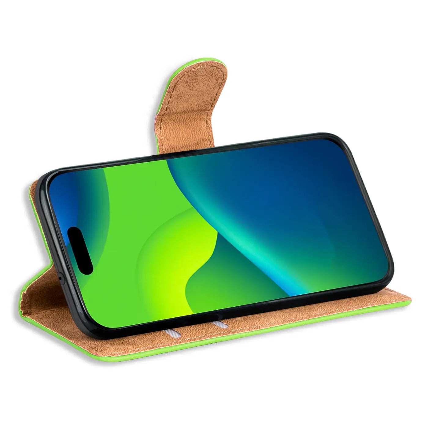 Grüne Klapphülle aus Kunstleder mit Kartenfächern, iPhone 16 Plus, Seitenansicht.