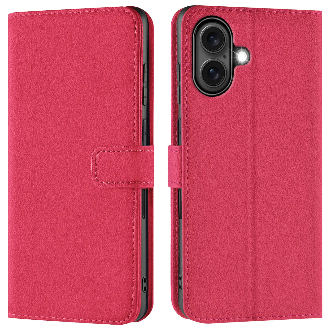 Rote Kunstleder-Klapphülle mit Kartenfächern, Vorder- und Rückansicht, für iPhone 16 Plus