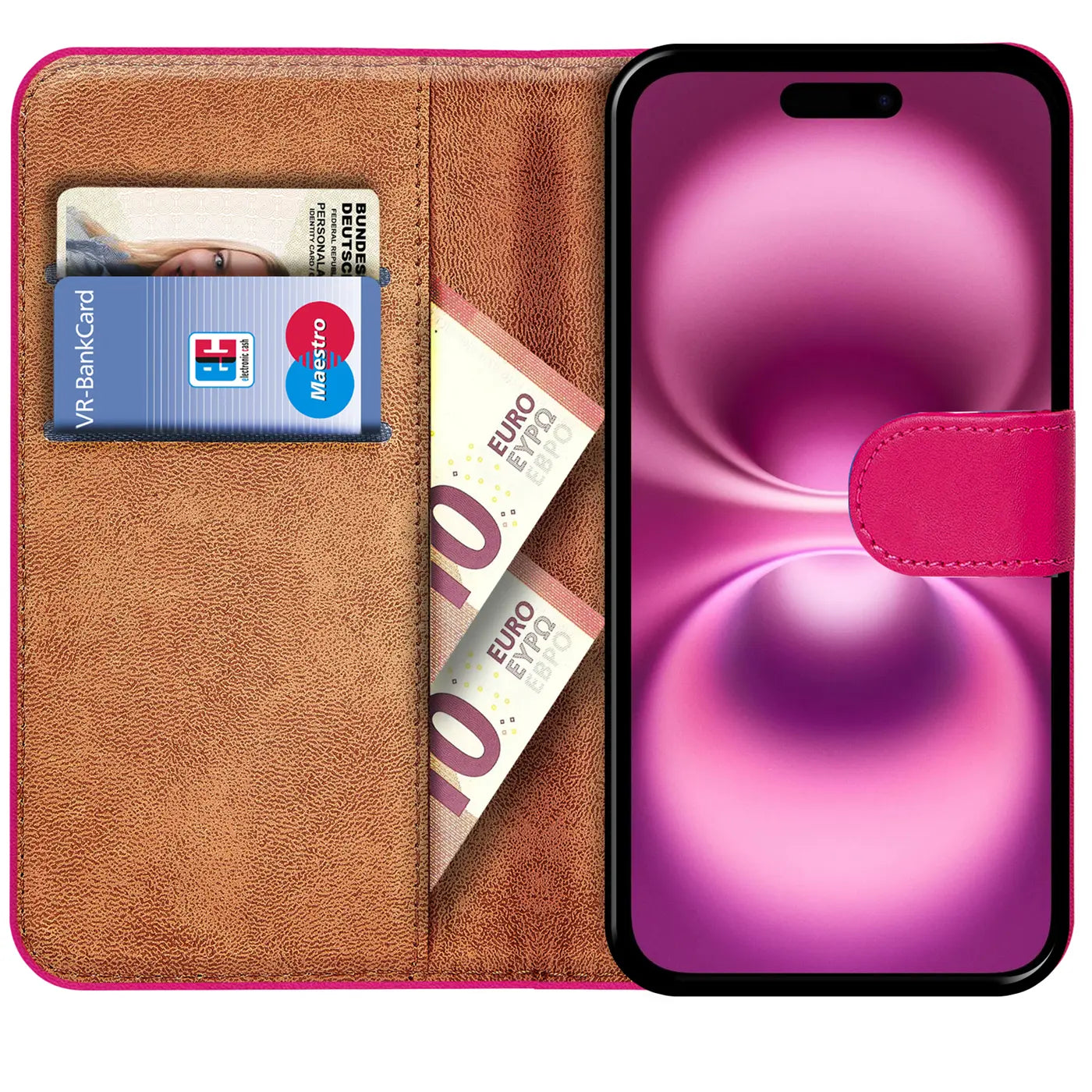 Pink Kunstleder-Klapphülle mit Kartenfächern, zeigt iPhone 16 Plus.