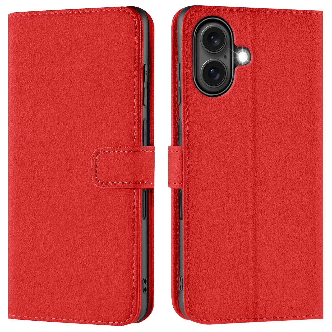 Rote Leder-Klapphülle mit Kartenfächern, Vorder- und Rückansicht, für iPhone 16 Plus.