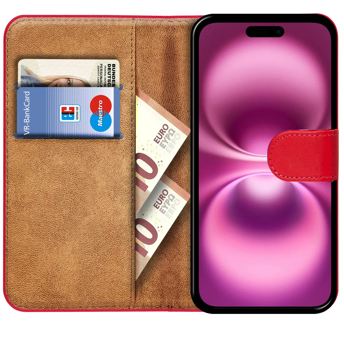 Rote Leder-Klapphülle mit Kartenfächern und Geldscheinen, zeigt iPhone 16 Plus.
