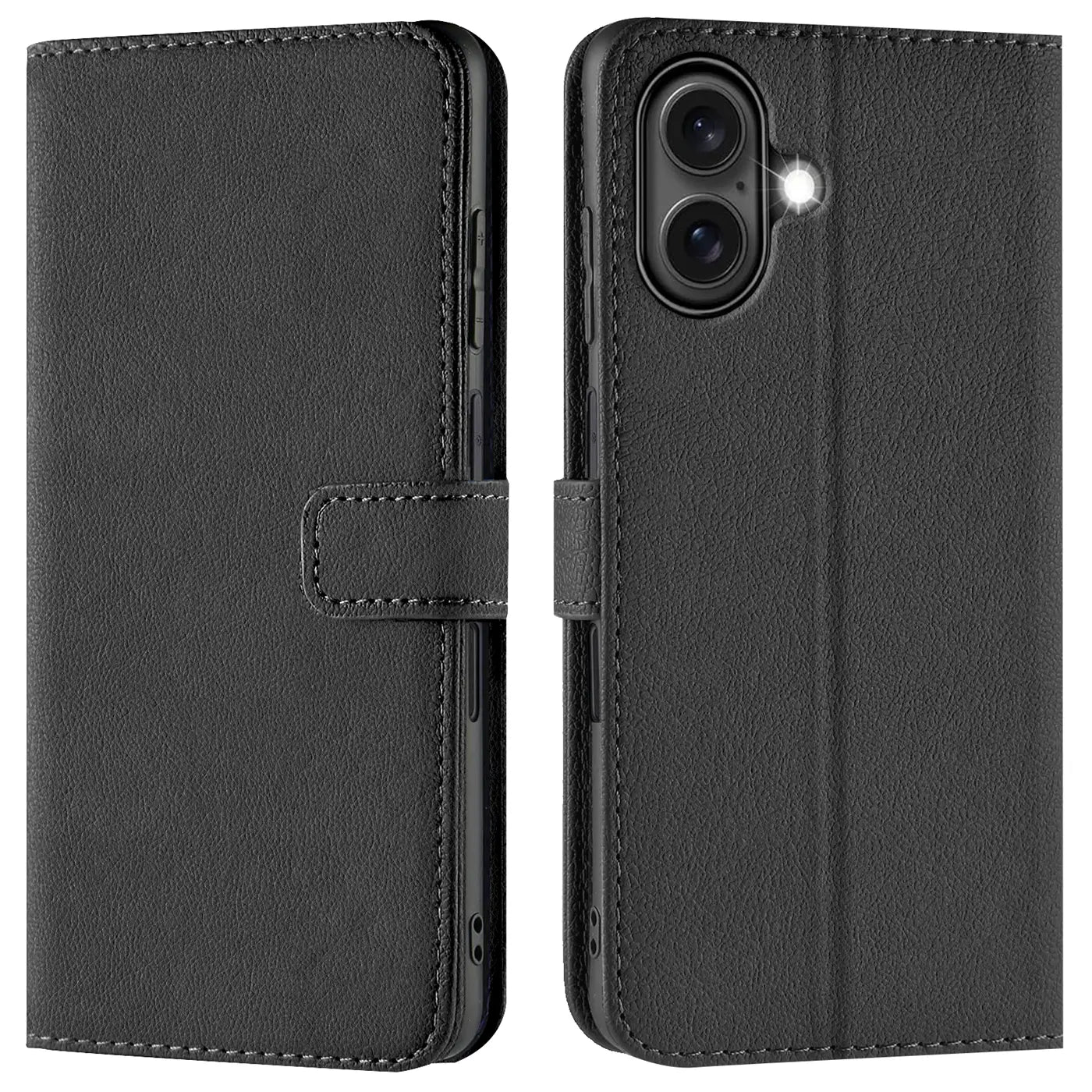 Schwarze Leder-Klapphülle mit Kartenfächern, Vorder- und Rückansicht, für iPhone 16 Plus.