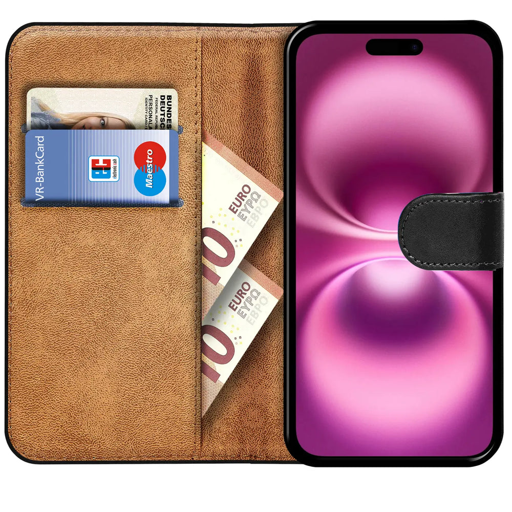 iPhone 16 Plus Klapphülle in Schwarz mit Kartenfächern und Schutz