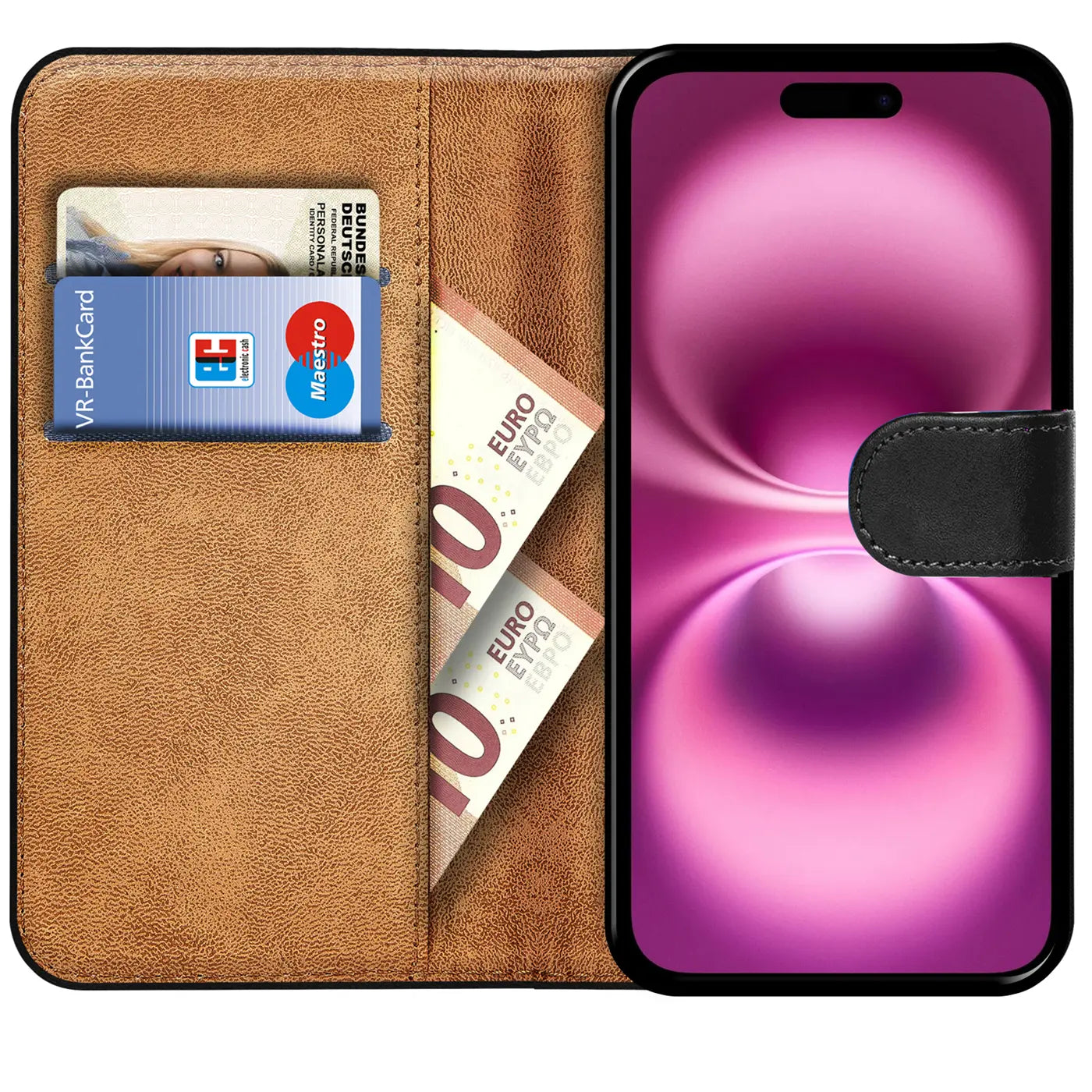 Braune Leder-Klapphülle mit Kartenfächern, zeigt iPhone 16 Plus.