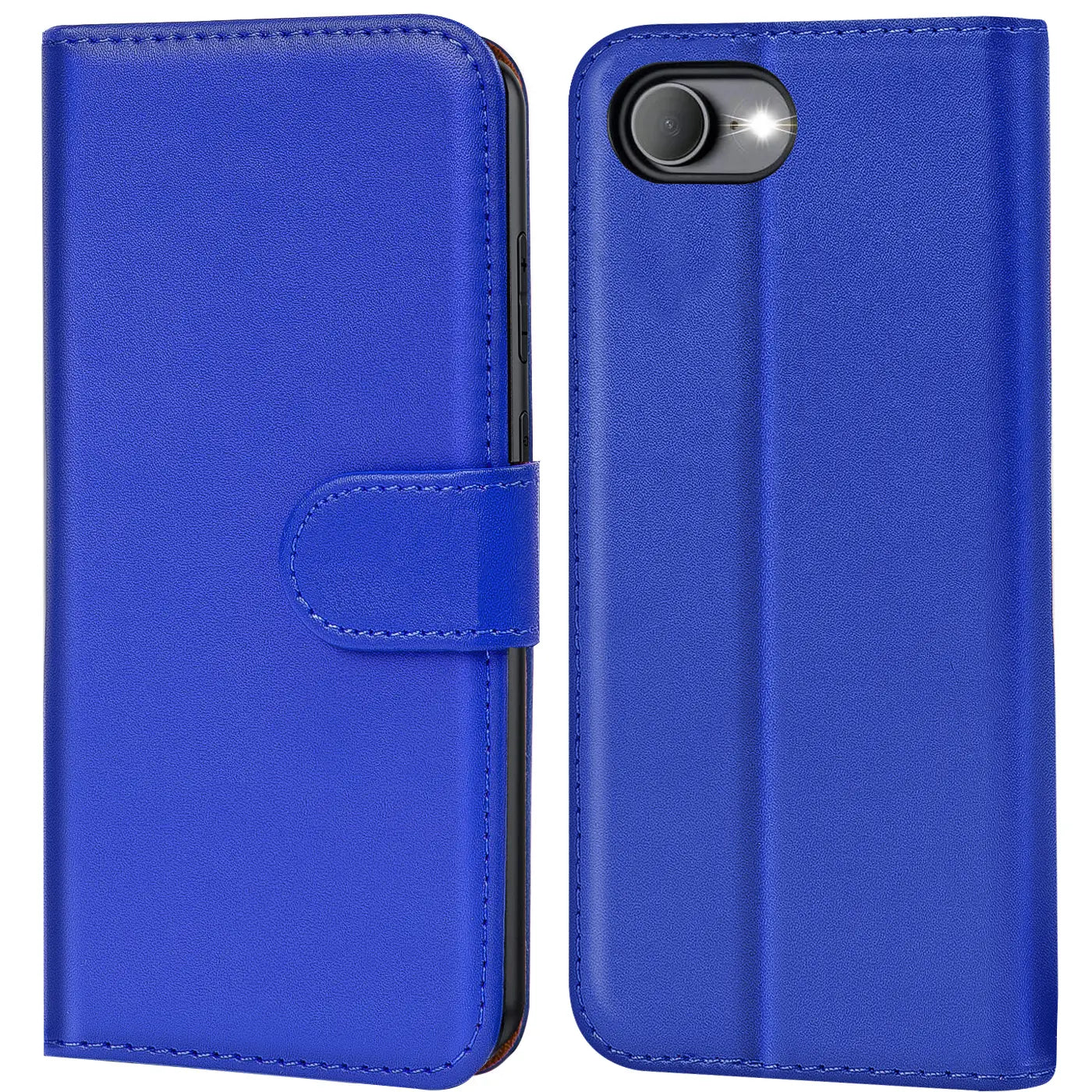 Blaue Kunstleder-Klapphülle mit Kartenfächern, Vorder- und Rückansicht, für iPhone 16e.