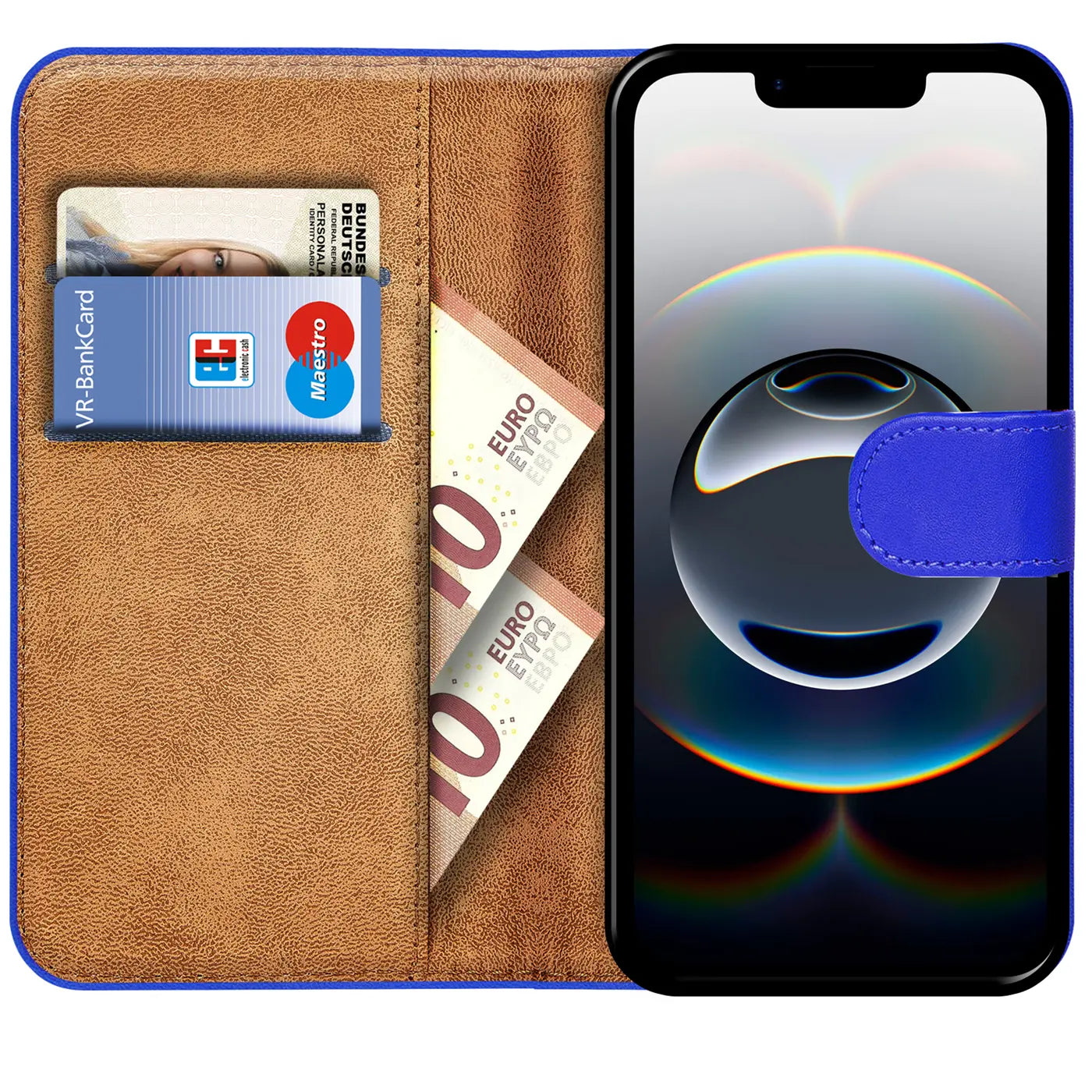 Blaue Klapphülle aus Kunstleder mit Kartenfächern und Geldscheinen, zeigt iPhone 16e.