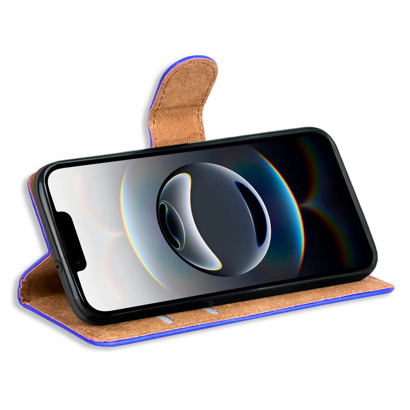 Lila Klapphülle aus Leder mit Kartenfächern, iPhone 16e, von vorne schräg