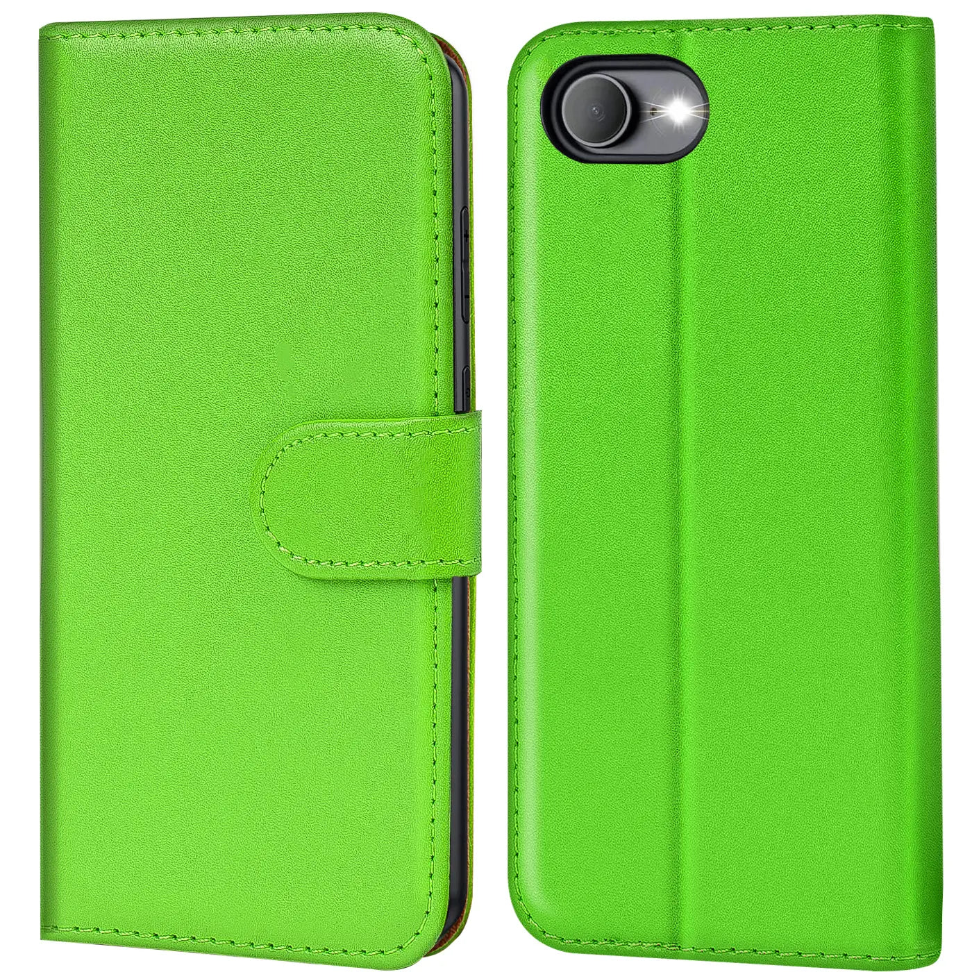 Grüne Kunstleder-Klapphülle für iPhone 16e, Vorder- und Rückansicht.