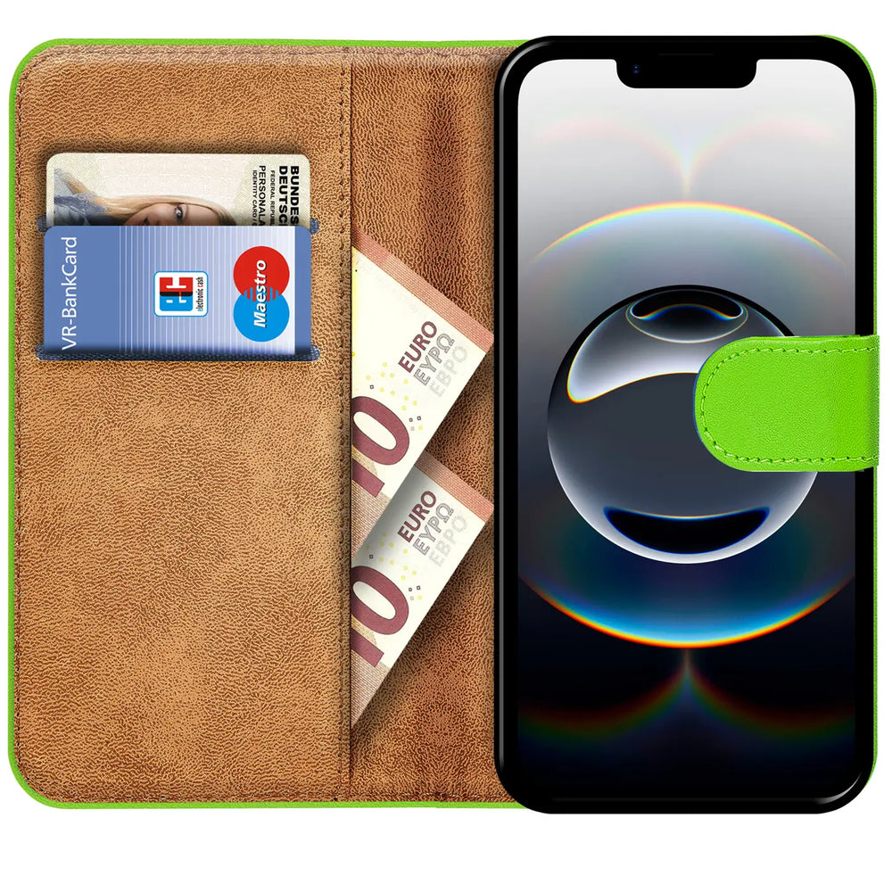 Apple iPhone 16e Klapphülle in Grün mit Kartenfächern und Schutz