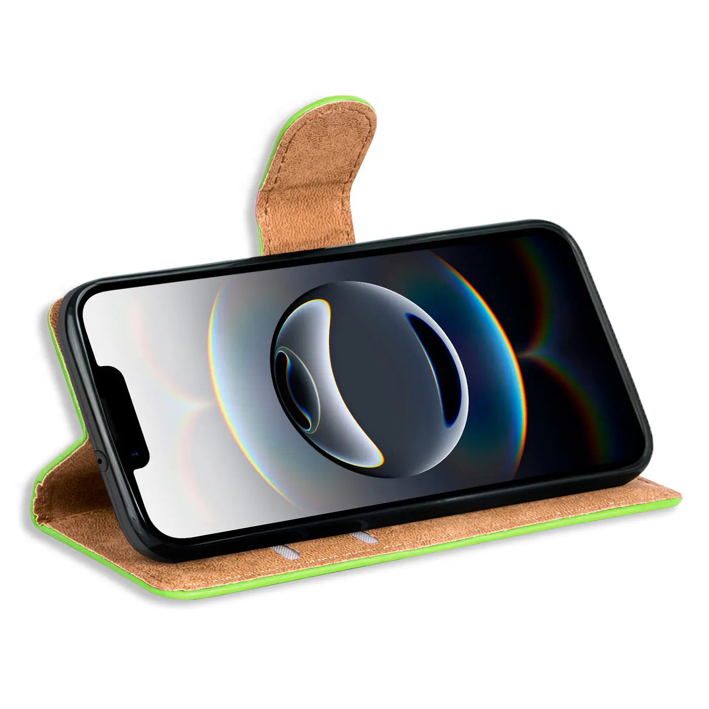 Grüne Klapphülle aus Leder mit Kartenfächern, iPhone 16e im Querformat