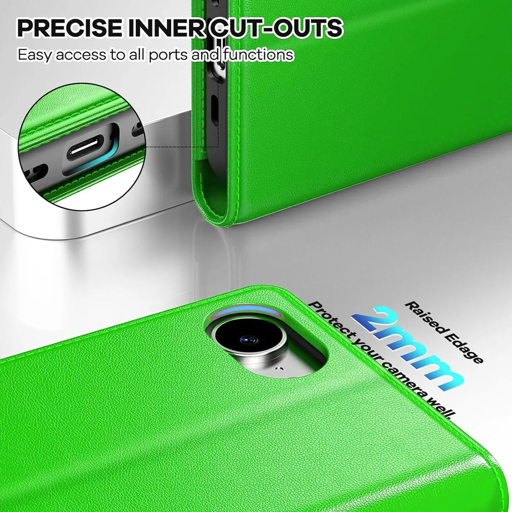 Apple iPhone 16e Klapphülle in Grün mit Kartenfächern und Schutz