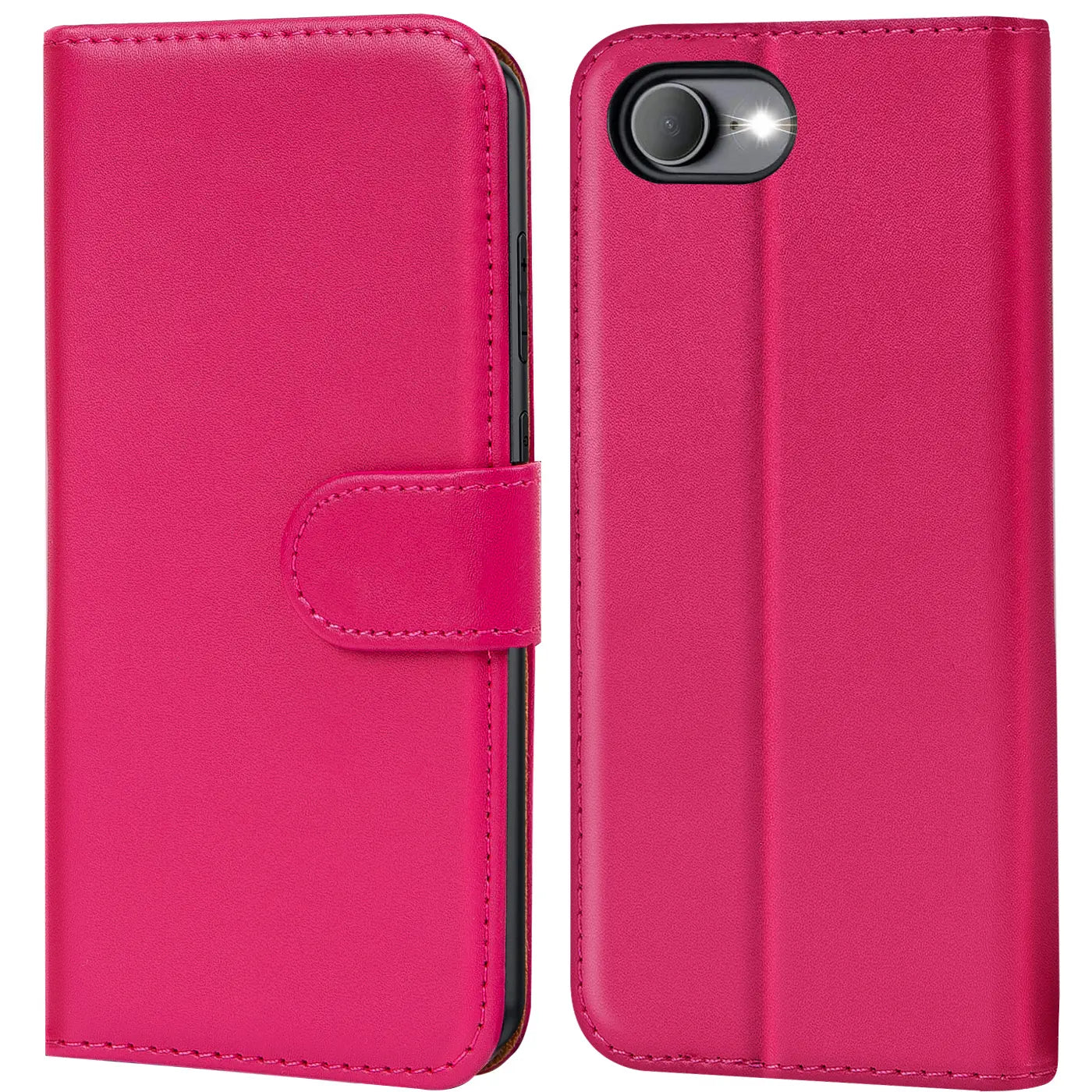 Pink Kunstleder-Klapphülle für iPhone 16e, Vorder- und Rückansicht.